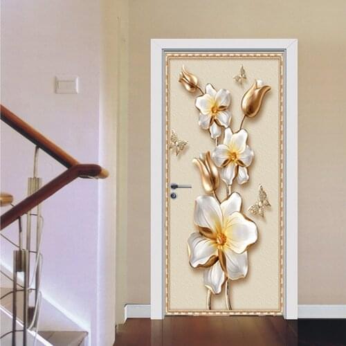 European Style 3D Golden Flowers PVC Door Sticker Self-Adhesive Poster Wallpaper DIY Home Mural Decals Living Room Bedroom