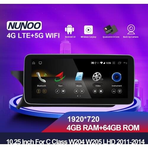Nunoo Android 10.0 Car Radio Multimedia Player 4GB 64GB GPS For Mercedes Benz C Class W204 S204 2011-2014 8 Core IPS Screen