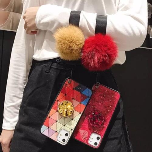 For iPhone 12 Pro Max 6 7 8 Plus XS MAX XR 11 Pro Max Bling Glitter TPU Phone Case With Crystal Holder+Fur Ball+ Strap