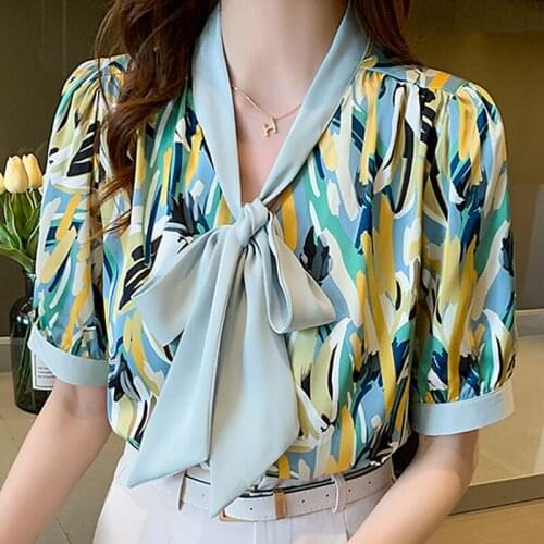 Blusas Blouses Top Femme Short Sleeve Print Chiffon Blouse Shirt Blusas Mujer De Moda 2021 Bow V-Neck Blouse Women Tops E917