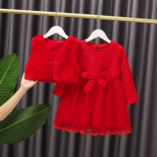 Girls Winter Princess Clothes Set Baby Long Sleeve Lace Mesh Patchwork Dress+Fleece Waistcoat Vintage Kids Children Suit