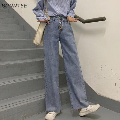 Jeans Women Ins All-match College Trendy Design Button Simple Washed High Waist Blue Trousers Boyfriend Autumn Basic Straight BF