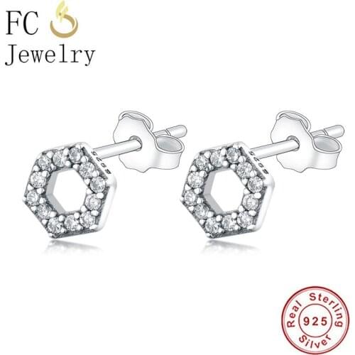 FC Jewelry 100% 925 Silver Simple Small Love Hexagon Cubic Zirconia Stud Earrings For Women Minimalist Geometric Brincos 2020