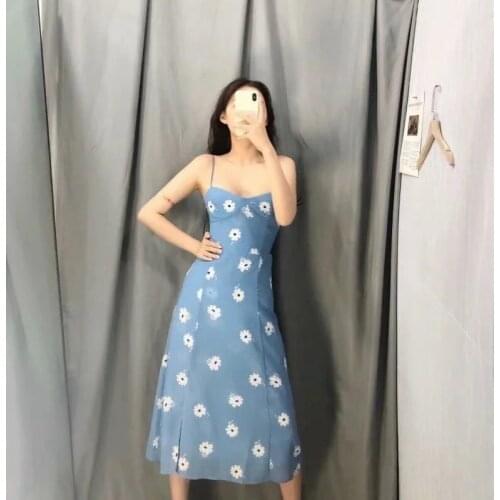 Kpop Seo Yea Ji ROSE Summer new Flower print side split mid-length dress women Streetwear sexy sleeveless backless sling dresses