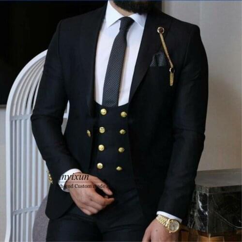 Handsome Gold Buttons Groomsmen Peak Lapel Groom Tuxedos Men Suits Wedding/Prom Man Blazer ( Jacket+Pants+Vest) costume homme