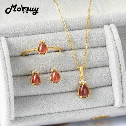 MoBuy 925 Silver Sets For Women Natural Crytal Waterdrop Garnet Gemstone 14K Gold Plated Jewelry Lovely Goldfish korean V080