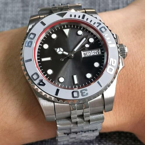 Automatic Mens Watch Japan NH36/NH36A Movement Calendar Week Display Gray Dial Jubilee Band Sapphire Glass Rotating Bezel