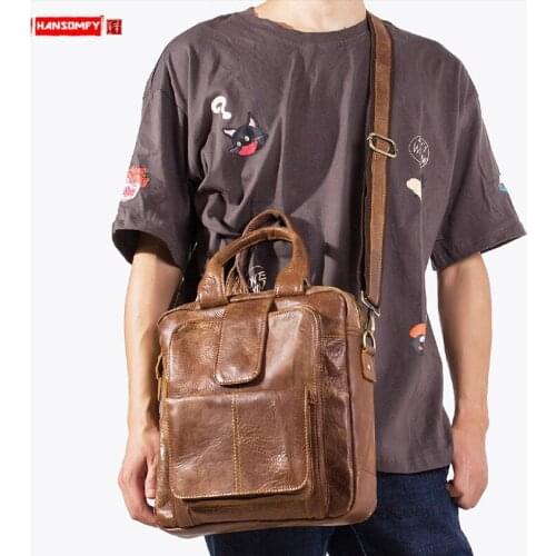 Vintage Hand-brushed Leather Men Handbags Shoulder Bag Mens Leather Briefcase Diagonal Messenger Bags First Layer Leather Male