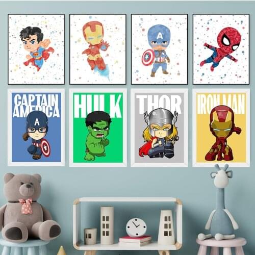Marvel Cartoon Original Superhero Poster Iron Man Spiderman Print Canvas Painting Mural Wall Art Picture Nursery Kids Room Decor