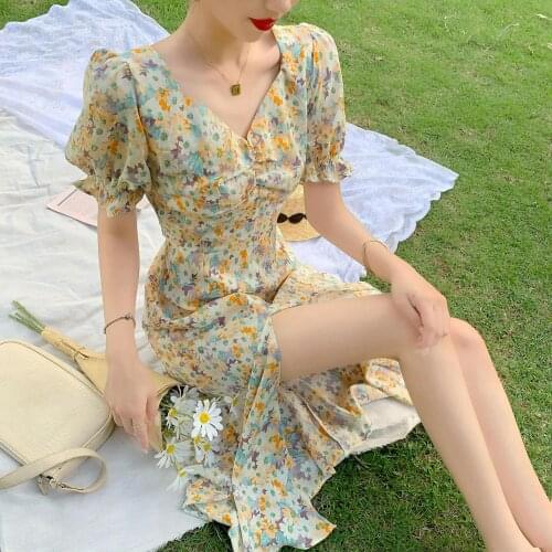 Lrregular Slit Dress Summer Bubble Sleeve V-Neck French Temperament Mid-Length A-Line Tea Break Floral Skirt
