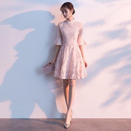Pink Lace Cheongsam Modern Chinese Dress Qipao Girls Plus Size Women Clothing Oriental Style Party Dresses Evening Gowns China