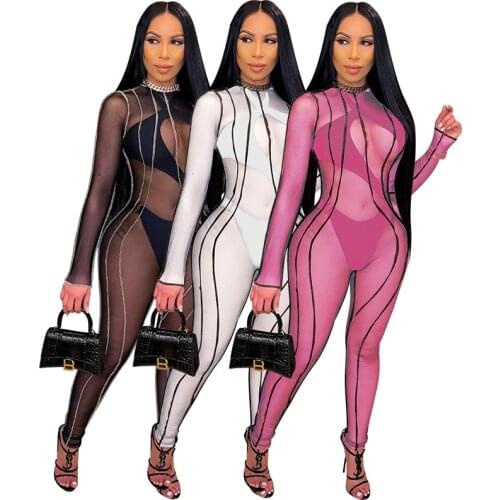 Sexy Solid Sheer Mesh Jumpsuit Women Two Piece Set O Neck Long Sleeve Body Romper + Bodysuit Linning Beach Club wear Outfits