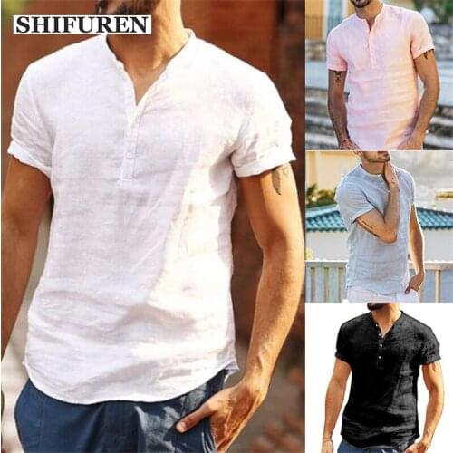 SHIFUREN Mens Summer Short Sleeve Cotton Linen Shirts Casual Breathable chemise homme Streetwear hawaiian Tops Loose Size M-3XL