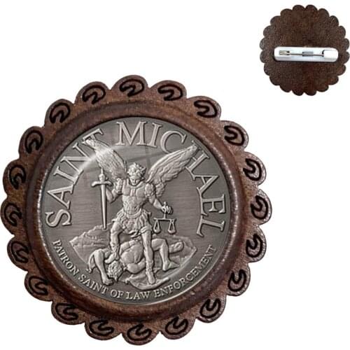 Glass Cabochon Wood Brooch Archangel St.Michael Protect Me Saint Shield Protection Charm Russian Orhodox Collar Pin Jewelry