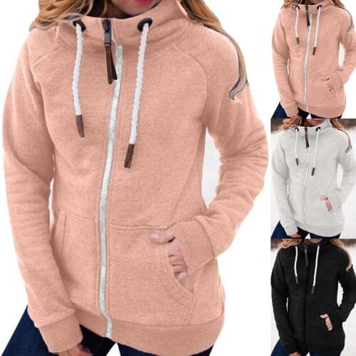 Women Solid Color Hoodies Zipper Pocket Sweatshirt Long Sleeve Drawstring Warm Soft Coat Hooded Tracksuits Casual Jackets