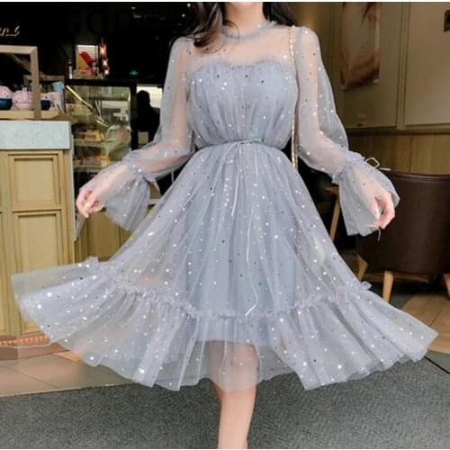 Spring Autumn New Female O-neck Stars Sequined Mesh Shiny Fairy Dress Women Elegant Bling Gauze Princess Puff Dresses