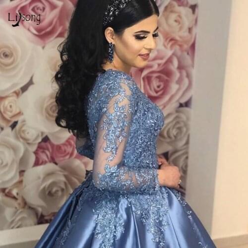 Vintage Muslim 2019 Blue Lace Prom Dresses With Full Sleeves Puffy Ball Gowns Saudi Arabic Prom Gowns Lace Up Vestido Formatura
