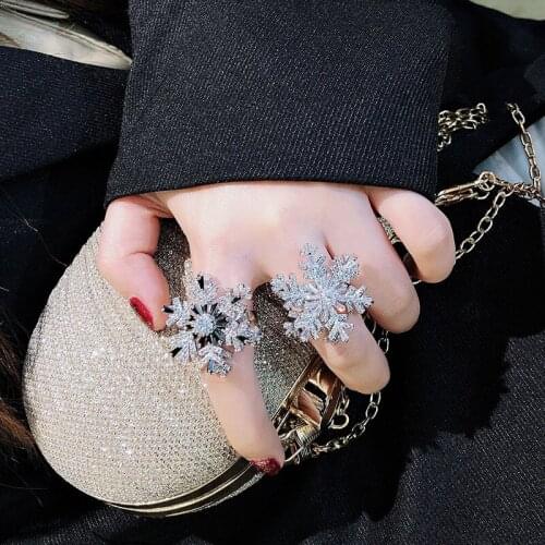 Rotatable Open Ring Crystal Double Snowflake Ring Luxury Full Diamond Ladies Ring Jewelry Fashion Accessories Christmas Gifts