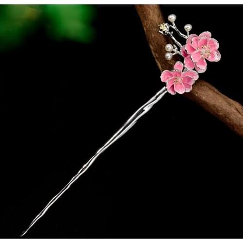 925 Sterling Silver Japanese Hair Sticks Pearl Sakura Pink Hairpins Kimono Hair Accessories Stick Women Luxury Jewelry Romantic