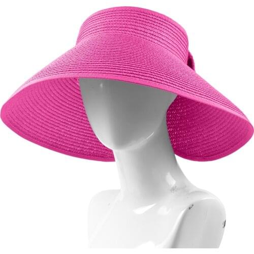 Womens Summer Foldable Straw Sun Hat For Ladies UPF 50+ Packable Wide Brim Roll-Up Sun Visor Cute Bowtie Beach Straw Hat