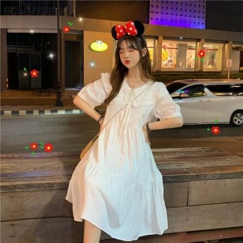 Dresses Women Bandage Peter Pan Collar Fashion Baggy Simple Daily Korean Style All-match College New Summer Ladies Clothes Chic