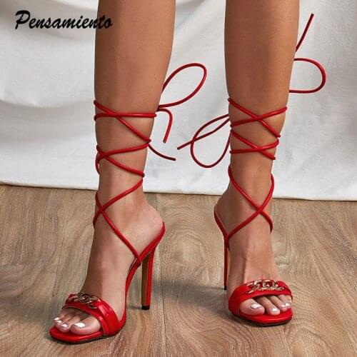 2021 New Metal Chain Ultra High heels Women Sandals Sexy Ankle strap Cross-tied Gladiator Sandals Fashion Summer Party Shoes