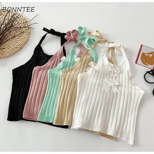 Camis Women 5 Colors Halter Bow Knitting Basic Crop Simple All-match Sexy Temperament Aesthetic Casual Tops Clothing New Arrival
