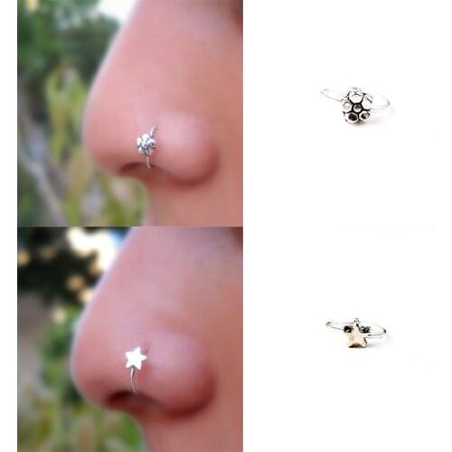 Butterfly Nostril Piercing Nose Ring For Women Gothic Silver Color Flower Ear Bone Earring Insect Body Jewelery Wholesale VGP010