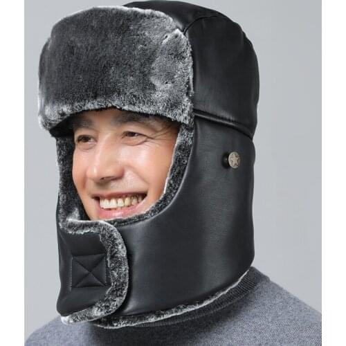 A134 Leather Bomber Hats Bomber Hats Russian Ushanka Hat Earflap Trapper Aviator Pilot Hat Faux Leather Fur Snow Ski Caps