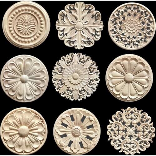 30cm Decorative Wood Appliques Carving Frame Furniture Cabinet Door Nautical Home Decor Wooden Figurine Flower Pattern Carve