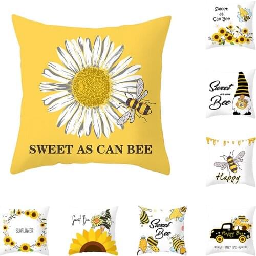 Happy Bee Decorative Cushion Cover for Sofa Car Office Home Deocr Pillow Case Sunflower Print Throw Pillow Cover 45x45cm