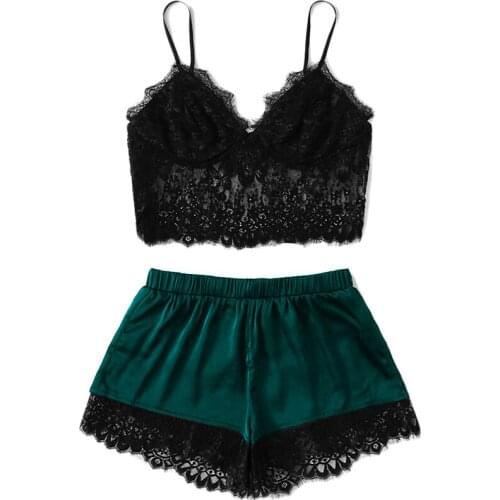 Europe and America Women Lace Pajamas Set Sleepwear Silk Camisole Shorts Set Nighty Babydolls Sexy Lingerie Exotic Two Pieces