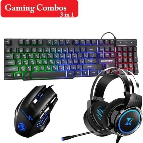 3 in 1 Gaming Keyboard Mouse Earphone Sets 3 Color Backlit EN/RU Keyboard 2400DPI Gaming Mice Headset Microphone For Laptop PC