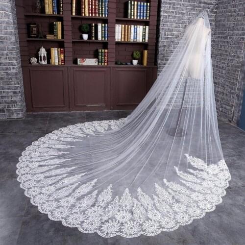 JIN IS YARN Romantic Long Bridal Veils Cathedral Length Lace Applique 4M Wedding Veil With Free Comb White Ivory High Quality