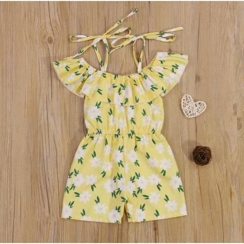 Summer Girls Casual Tie-up Suspender Jumpsuit Fashion Flower Boat Neck Pants Rompers Playsuits