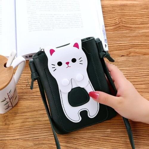 KANDRA 2019 Cute Cat Small Wallets Grils Singer Shoulder Messenger Bag Cartoon Female Zipper Phone Pouch PU Leather Coin Purses