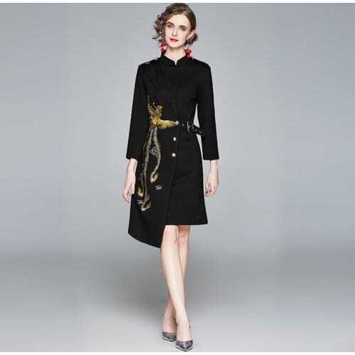 ZAWFL Fashion Designer dress Spring Autumn Womens Dress Stand collar Embroidery Elegant emperament Slim Asymmetrical Dresses
