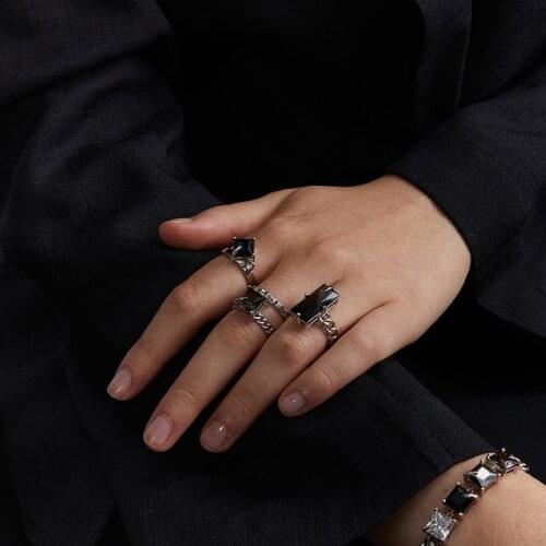 Punk Fashion Geometric Rectangle Square Black Crystal Stone Ring Baroque Metal Creative Simple Opening Knuckle Rings Jewelry