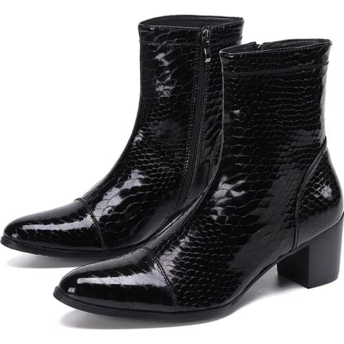 Autumn Winter Snake Skin Real Leather Boots Men High Heels Warm Chelsea Ankle Boots Trend Nightclub Party Career Work Boots 6CM