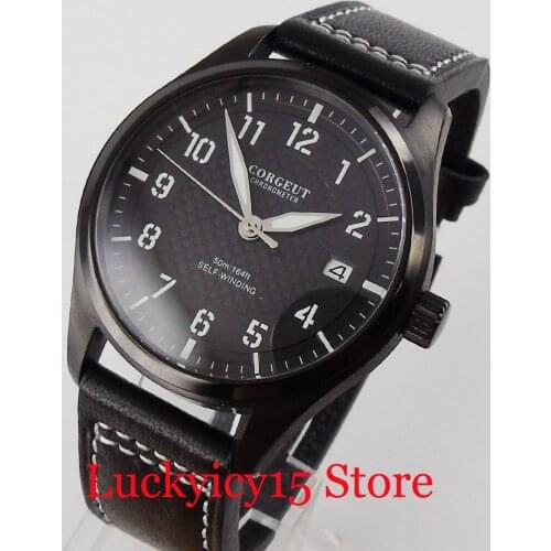 Black PVD Plated CORGEUT Self Winding Men Wristwatch Date Window NH35 Movement Leather Band