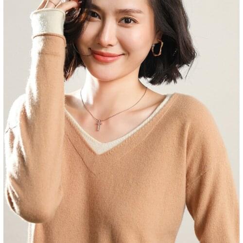 Autumn Women Fashion Knitted Sweater Long-sleeved V-neck 100% Wool Ladies Pullovers Women Vintage Patckwork Color Jumper
