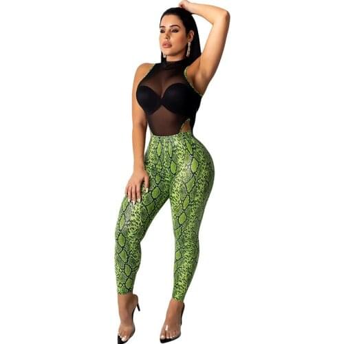 Sexy Night Club Party 2 Piece Set Women Mesh Sheer Bodysuit and Ankle-length Pant Snakeskin Print Two Piece Matching Set Outfits