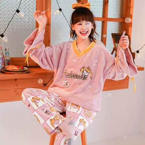Japan Anime Pajama For Women Sailor Cat Card Captor Sakura Pyjama Winter Coral Velvet Sleepwear Female Girls Pijama Party Suit