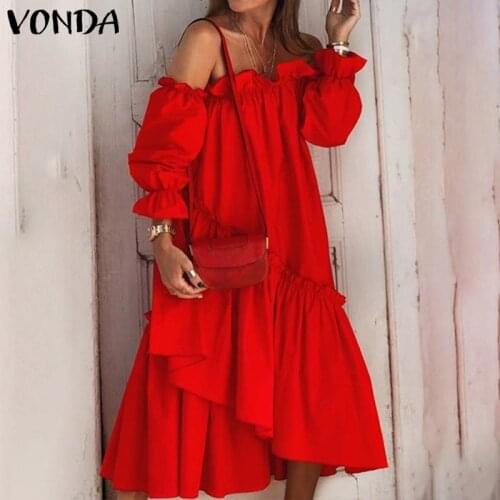Ruffle Dress 2021 VONDA Holiday Sundress Long Sleeve Midi Irregular Hem Dress Bohemian Robe Femme Vestido