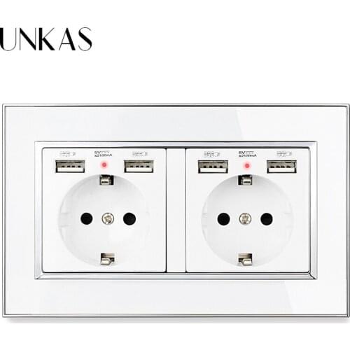 UNKAS Luxury Mirror Acrylic Panel Dual EU Socket 146MM * 86MM 4 USB Charging Port Russia Spain Hidden Soft LED Indicator Outlet
