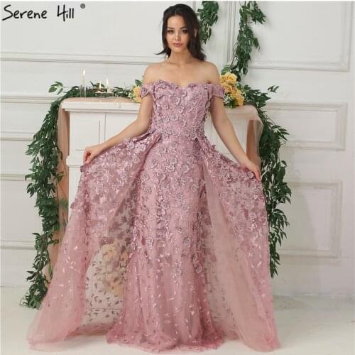 Pink Off Shoulder Handmade Flowers Evening Dresses 2021 Sleeveless Crystal Sexy Luxury Evening Gowns Real Photo LA6596