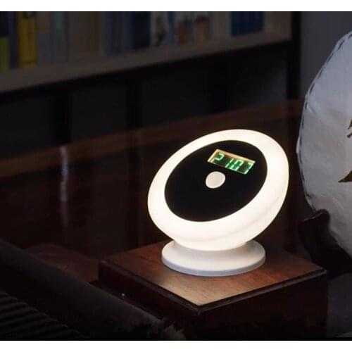 PIR Motion Sensor LED Night Lights With Digital Alarm Clock Multi-Function Desk Clocks Warm Light Battery Operated Bedside Lamp