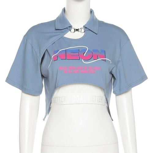 Autumn new womens solid color Slim navel fashion printed turn-down collar short-sleeved T-shirt