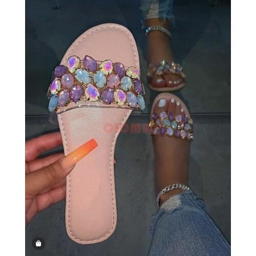 Hot 2021 Women Shoes Women Sandals Open Toe Flat Slippers Summer Rhinestone Outdoor Fashion Plus Size 42