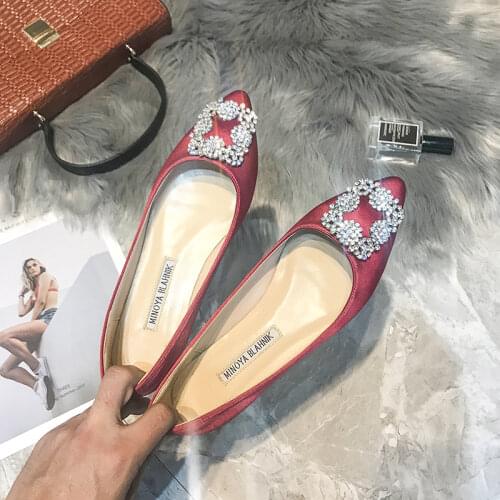 Womens Pointed Toe Rhinestones Crystal Buckle Satin Silk Ballerina Low Heel Shoes Glitter Bling Plus Size 21Colors New Arrival